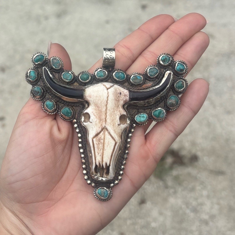 Turquoise and Silver Bull Skull Pendant